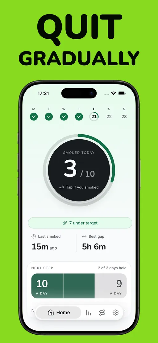 Smoless home screen: the one-tap tracker showing 3 of 10 smoked today, 15 minutes since the last one, a best gap of 5h 6m, and the next step down from 10 a day to 9
